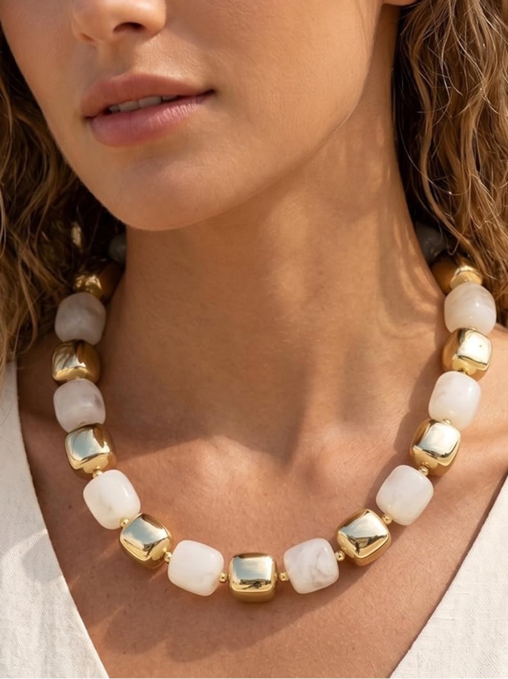 Anthropologie Gold and White Chunky Bead Necklace